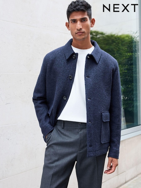 Navy Blue Button Through Wool Rich Boucle Textured Padded Jacket (807793) | AED242