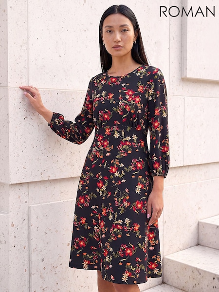 Red - Roman Floral Print Short Dress