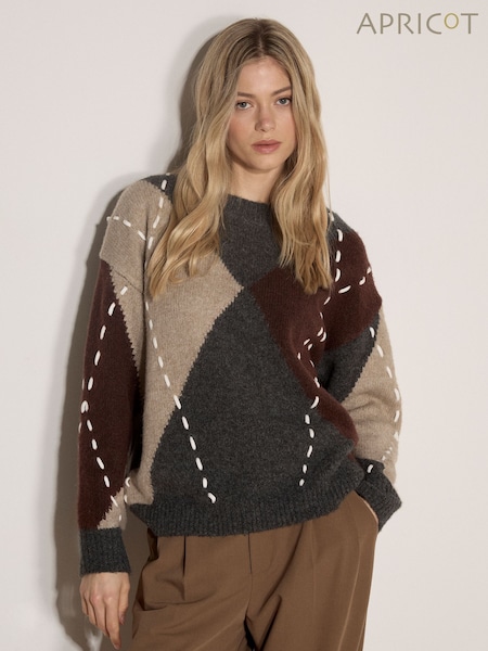 Grey - Apricot Argyle Diamond Colour Block Jumper