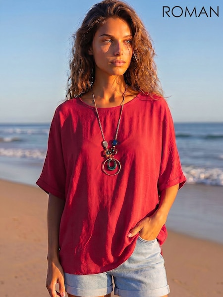 Červená - Roman Plain Tunic Top With Necklace
