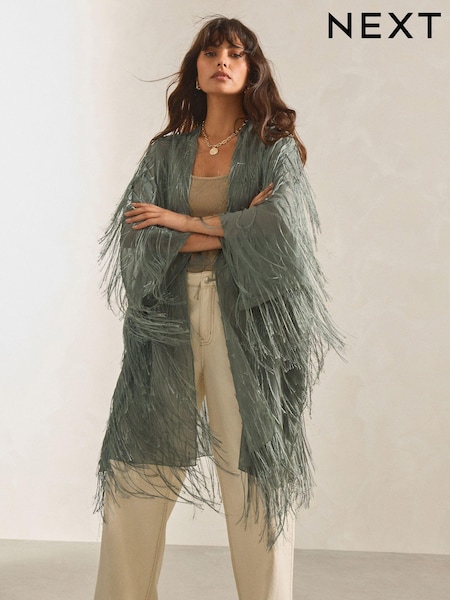Sage Green Longline Fringe Cover-Up (808906) | €18
