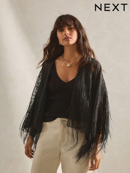Black Fringe Short Kimono Cover-Up (808916) | €20.50