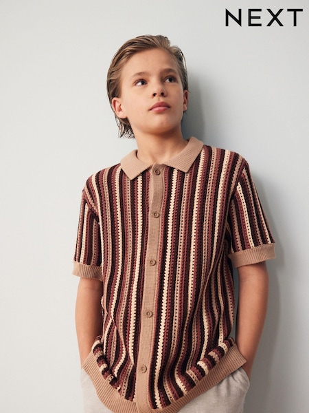 Rdečerjava/rjava - 100% Cotton Short Sleeve Crochet Shirt (3-16yrs) (808950) | € 12 - € 16