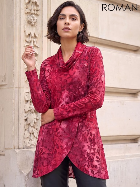 Red - Roman Burnout Print Tunic