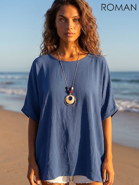 Blue - Roman Plain Tunic Top With Necklace