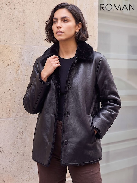 Black - Roman Bonded Fuax Fur Coat