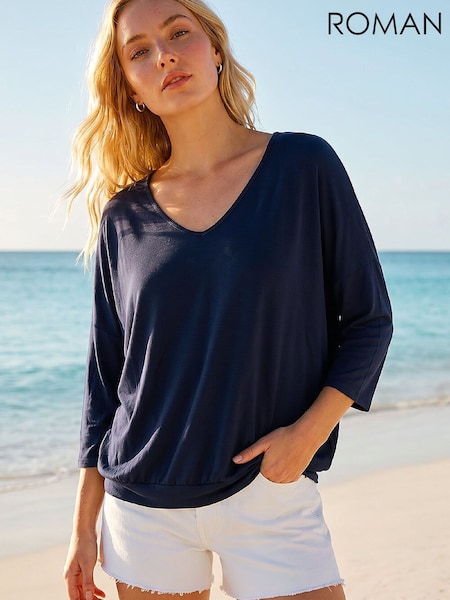 Blue - Roman Bubble Hem V-neck Top