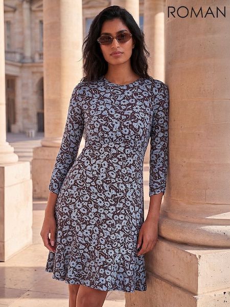 Blue - Roman Printed Frill Dress