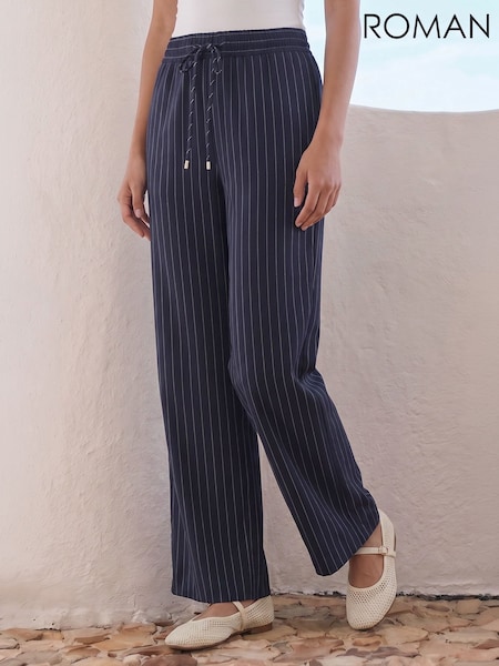 Blue - Roman Petite Stripe Wide Leg Stretch Trousers