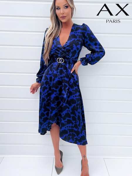 AX Paris Blue Cobalt And Black Print Long Sleeve Belted Wrap Midi Dress (810460) | €16