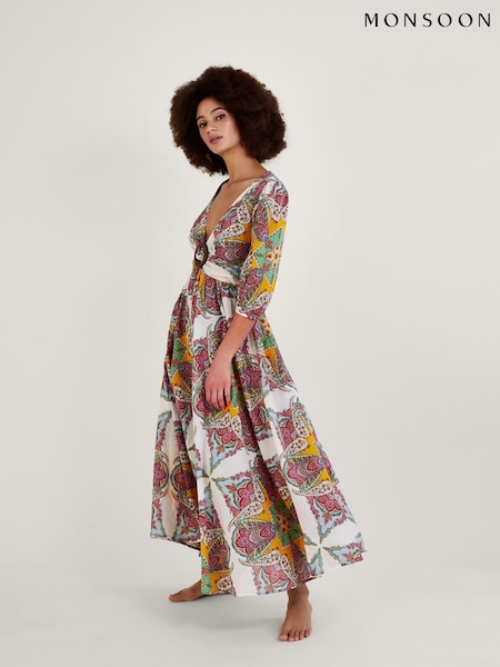Monsoon Brown Paisley Sustainable Cotton Scarf Print Maxi Dress (810946) | AED284