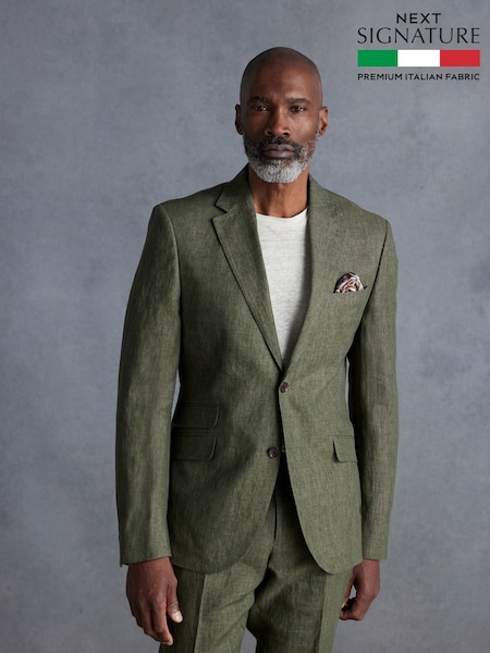 Olivno zelena - Standardni kroj - Slim Fit Signature Leomaster Italian Linen Suit Jacket (812114) | € 111
