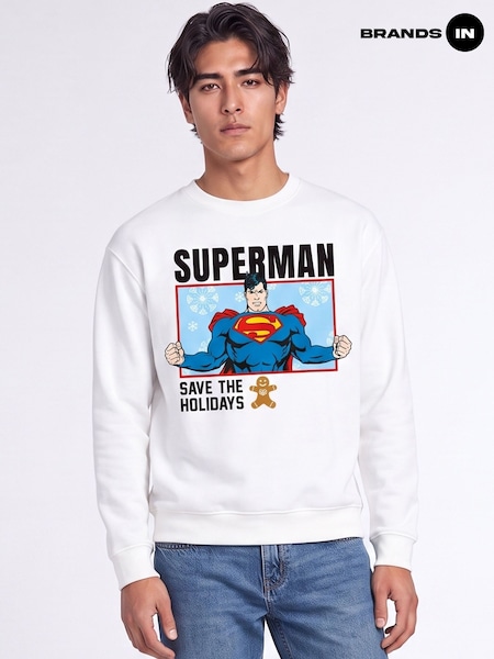 לבן - Regular Brands In Dc Comics Superman Save The Holiday Christmas Sweatshirt