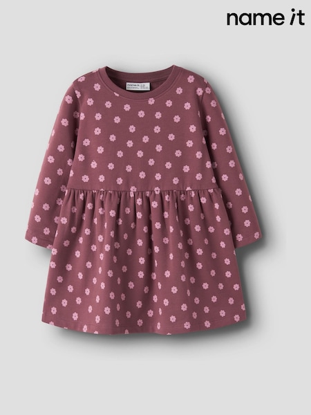 Purple - Name It Fleece Lined Heart Printed Dress