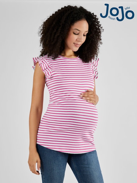 JoJo Maman Bébé Pink Stripe Crew Neck Flutter Maternity Top (813979) | €35