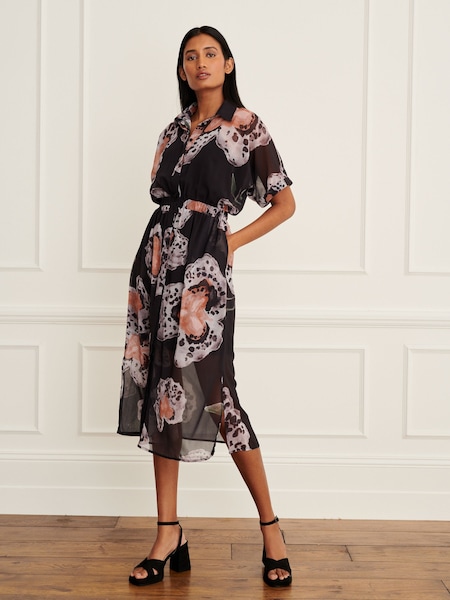 Черный и оранжевый с принтом - Short Sleeve Tie Waist Midi Dress (814533) | €11