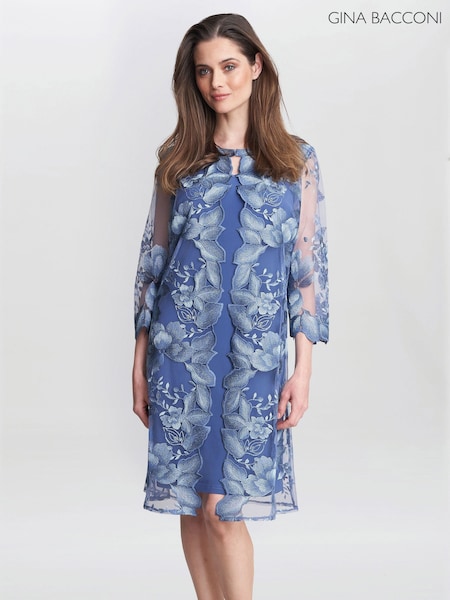 Gina Bacconi Blue Savoy Embroidered Lace Mock Jacket With Jersey Dress (815235) | €204