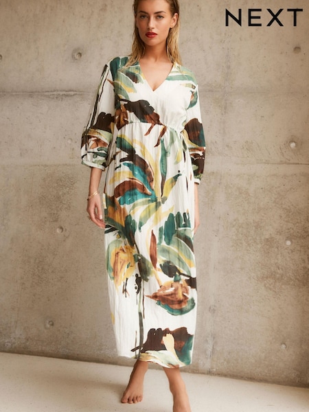 White Textured Tie-Waist Printed Midi Dress (815345) | € 5