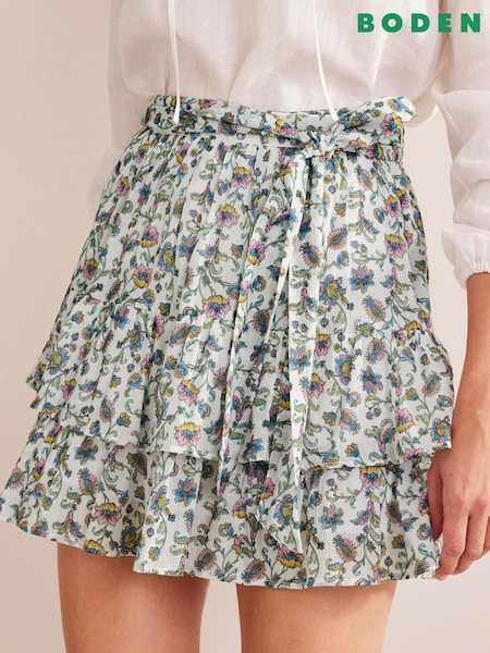 Boden Cream Tie-Waist Tiered Floral Mini Skirt (815842) | €44.50