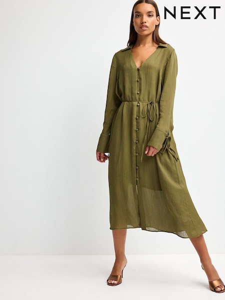 Khakigrün - Tie Sleeve Belted Midi Dress (816048) | 15 €