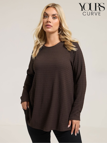 Brown - Yours Curve Textured Long Sleeve Swing Top