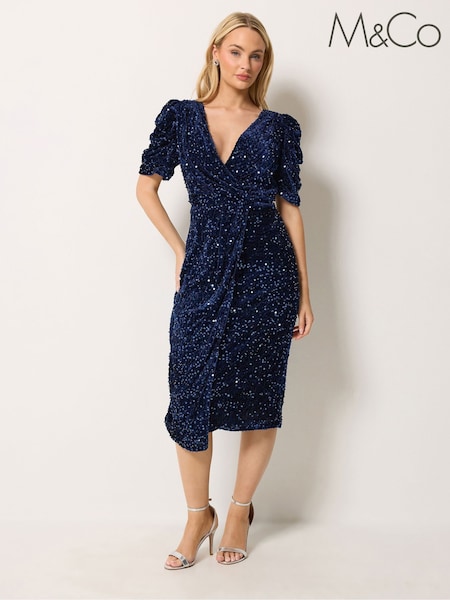 Azul - M&co Sequin Velvet Short Sleeve Wrap Dress