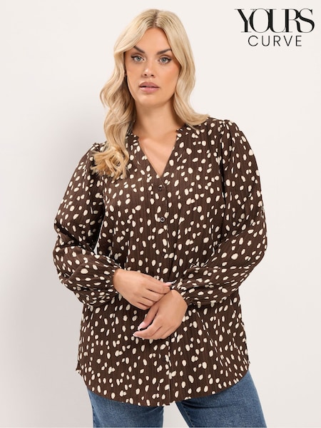 Brown - Yours Curve Spot Print Notch Neck Blouse