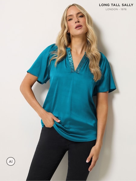 Blue - Long Tall Sally Satin Sequin Top