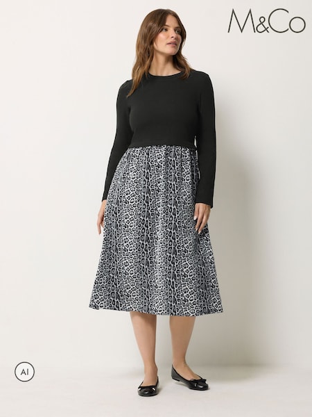 Gri - M&co 2 In 1 Animal Long Sleeve Dress