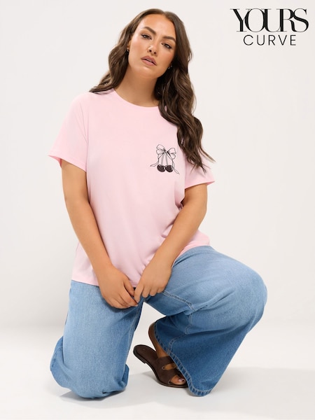 Pink - Yours Curve Embroidered Bow T-shirt