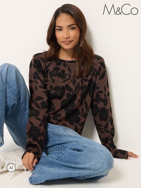 Braun - M&co Petite Floral Printed Jumper