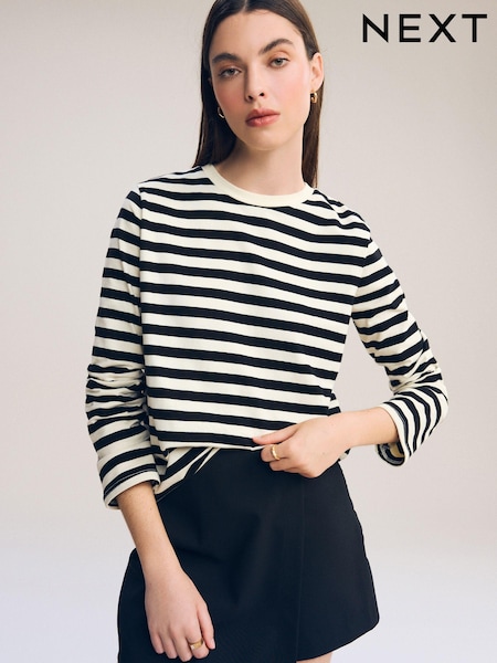 Black/Ecru Stripe Long Sleeve Heavyweight Crew Neck T-Shirt (817932) | OMR10