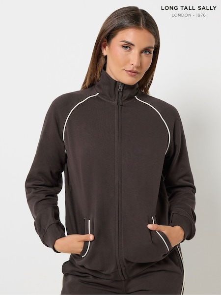Brown - Long Tall Sally Pipe Detail Quarter Zip Sweatshirt