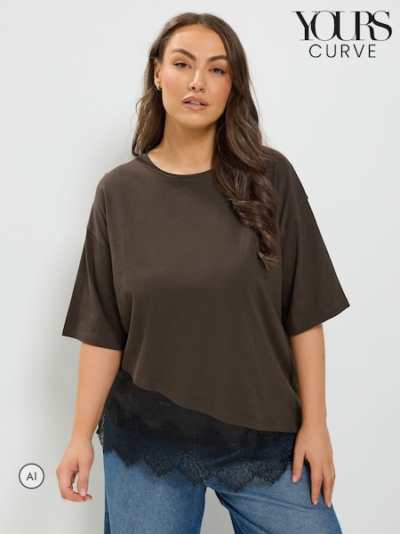 Brown - Yours Curve Asymmetric Satin Hem Long Sleeve T-shirt