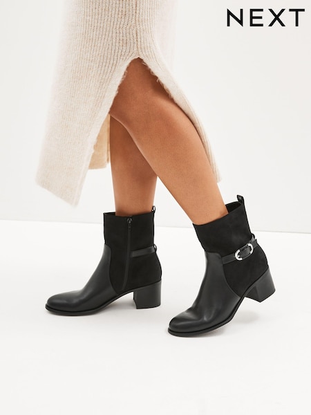 Black Forever Comfort® Buckle Detail Heeled Ankle Boots (818291) | 141 QAR
