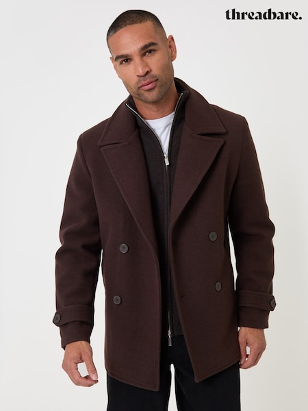 Brown - Regular Threadbare Faux Wool Double Breasted Short Trench Coat