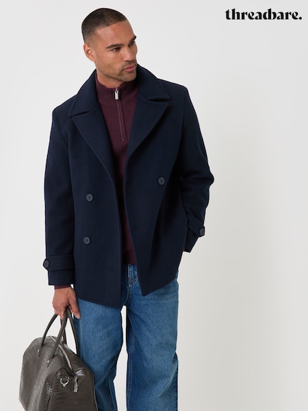 Blue - Regular Threadbare Faux Wool Double Breasted Short Trench Coat