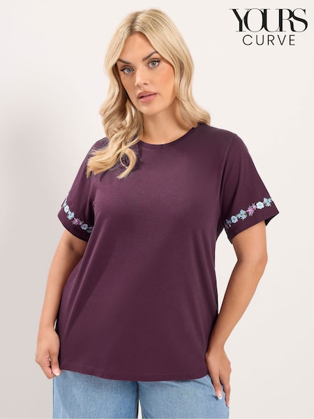 Purple - Yours Curve Set In Embroidered Sleeve T-shirt
