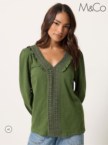 Green - M&co Petite Frill Detail Blouse