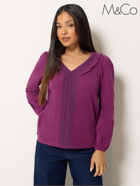 Purple - M&co Petite Frill Detail Cotton Blouse