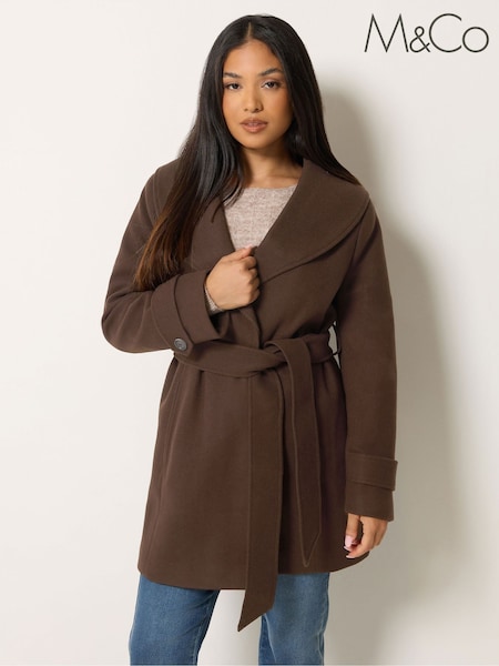 Brown - M&co Petite Belted Midi Coat