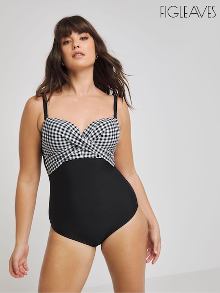 Figleaves Gingham Tailor Twist Underwired Bandeau Tummy Control Black Swimsuit (819588) | €27