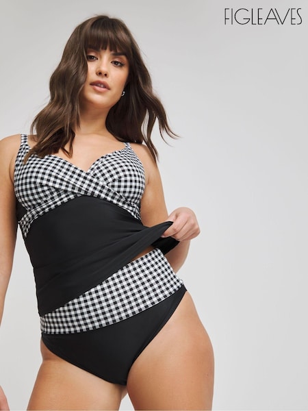 Figleaves Gingham Tailor Underwired Twist Front Tummy Control Black Tankini Top (819654) | €17.50