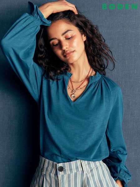 Blue - Boden Pia Ruffle Trim Blouse