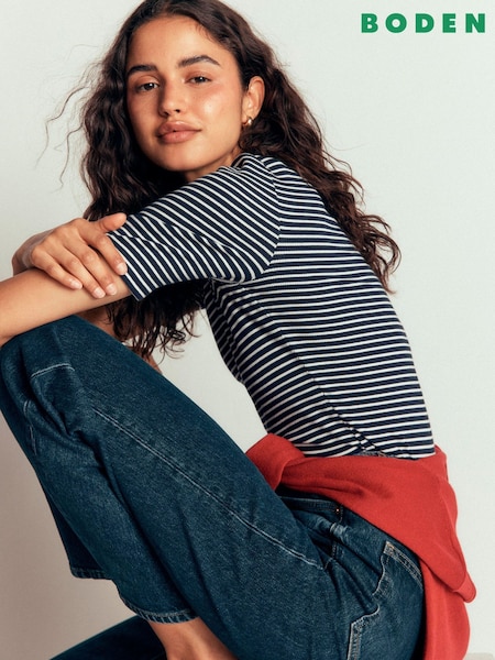 Blue - Boden Ribbed Cotton T-shirt