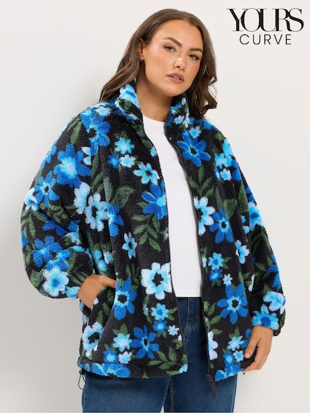 Blue - Yours Curve Floral Print Zip Through Fleece