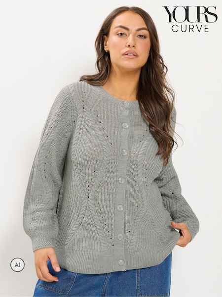 Grey - Yours Curve Pointelle Knit Cardigan