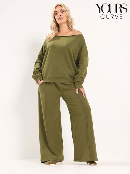 Green - Yours Curve Off Shoulder Sweatshirt & Wide Leg Joggers Set