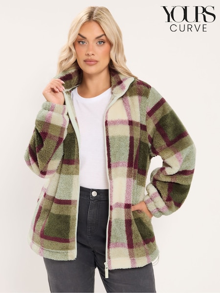 Green - Yours Curve Checked Zip Through Fleece