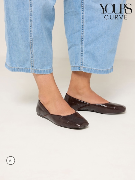 Brown - Yours Curve Croc Square Toe Ballet Pumps